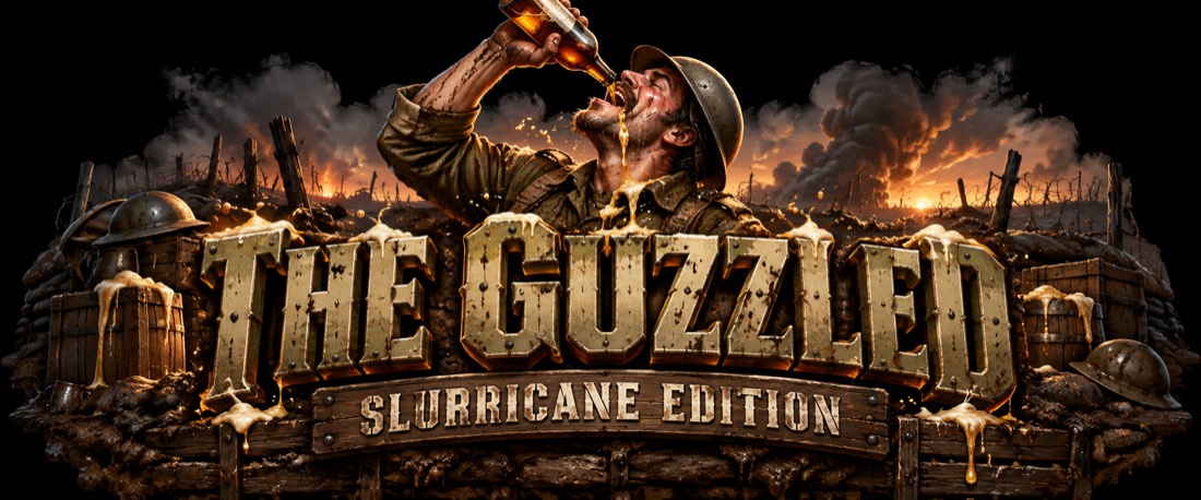 The Guzzled: Slurricane Edition — a soldier chugging beer amid a battlefield